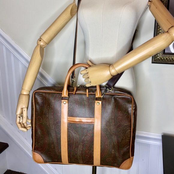 ETRO MILANO Red Paisley Coated Canvas Vachetta Leather Briefcase Laptop File Bag - Picture 5 of 17
